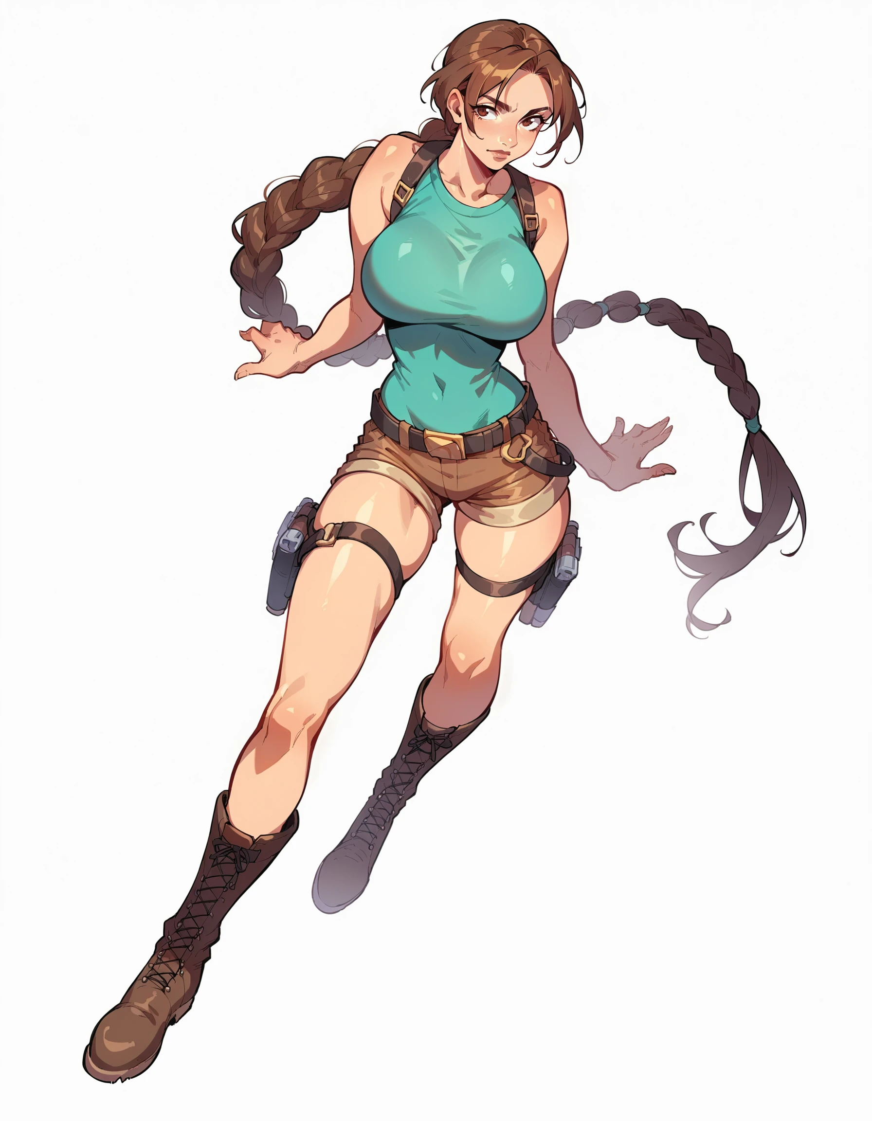 source_anime, score_9, score_8_up, score_7_up,
laracroftxl, 1girl, solo, large breasts, full body, white background, simple background, boots, thigh holster, long braid, short shorts, belt,
 <lora:LoraCroftxl:0.7>