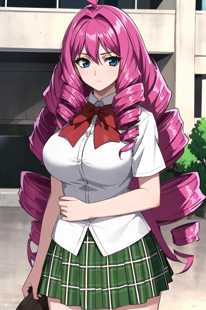best quality,masterpiece,looking at viewer,absurdres,1girl,
depth of field,<lora:017-å¤©ä¸å¤©ä¸-äºåéç»ç¾V1-000018:0.7>,isuzu emi,pink hair,drill hair,long hair,blue eyes,breasts,large breasts,cowboy shot,white school uniform,bow,playground,green skirt,green plaid skirt,