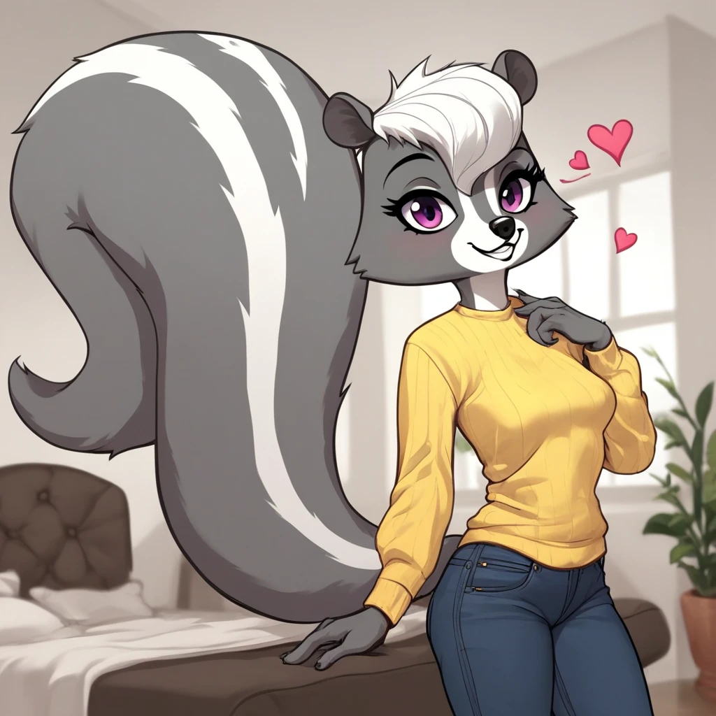 score_9, score_8_up, score_7_up, score_6_up,source_furry,rating_explicit, anthro, furry, female, skunk, skunk girl, Pepper Clark, gray fur color, two-tone fur color, short hair, bangs, white hair, violet eyes, animal ears, tail, fluffy tail, <lora:pepper_clark7:1>, indoors, standing, pose, yellow sweater, black jeans, smile, looking at viewer