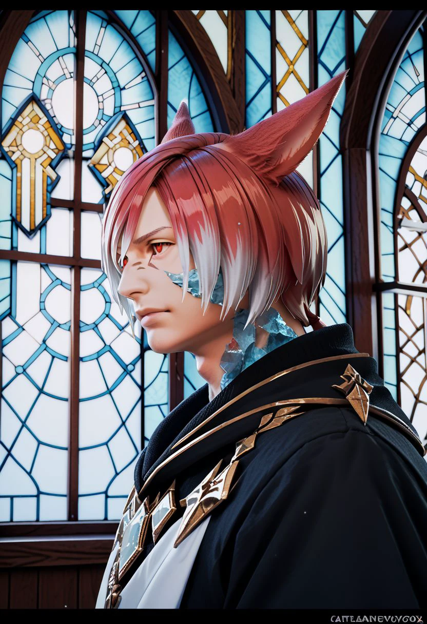 crystalexarchdskffxiv, solo, animal ears, miqo'te, 1boy, male focus, cat ears, red eyes, short hair, stained glass, portrait, letterboxed, red hair, slit pupils, bangs, facial mark, crystal, multicolored hair, window, indoors, realistic, PonyXLV6_Scores zPDXL