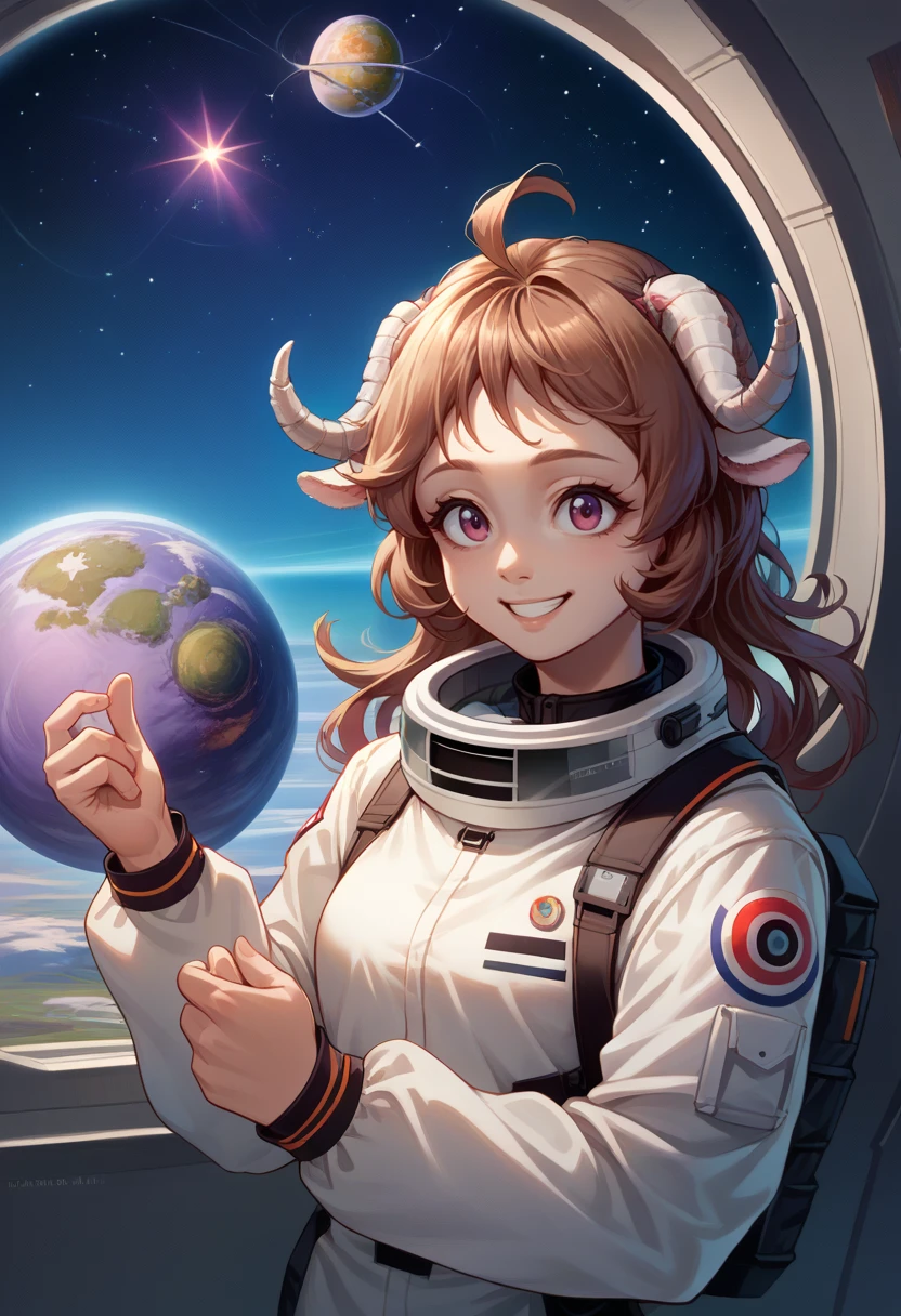 score_9, score_8_up, source_anime, 1girl, solo, Eyjafjalla, curled horns, ahoge, astronaut suit, smile, laughing, window, space station, planet, earth, galaxy, space, universe, star, nebula, <lora:ChamPonyXLEyjafjalla:1>