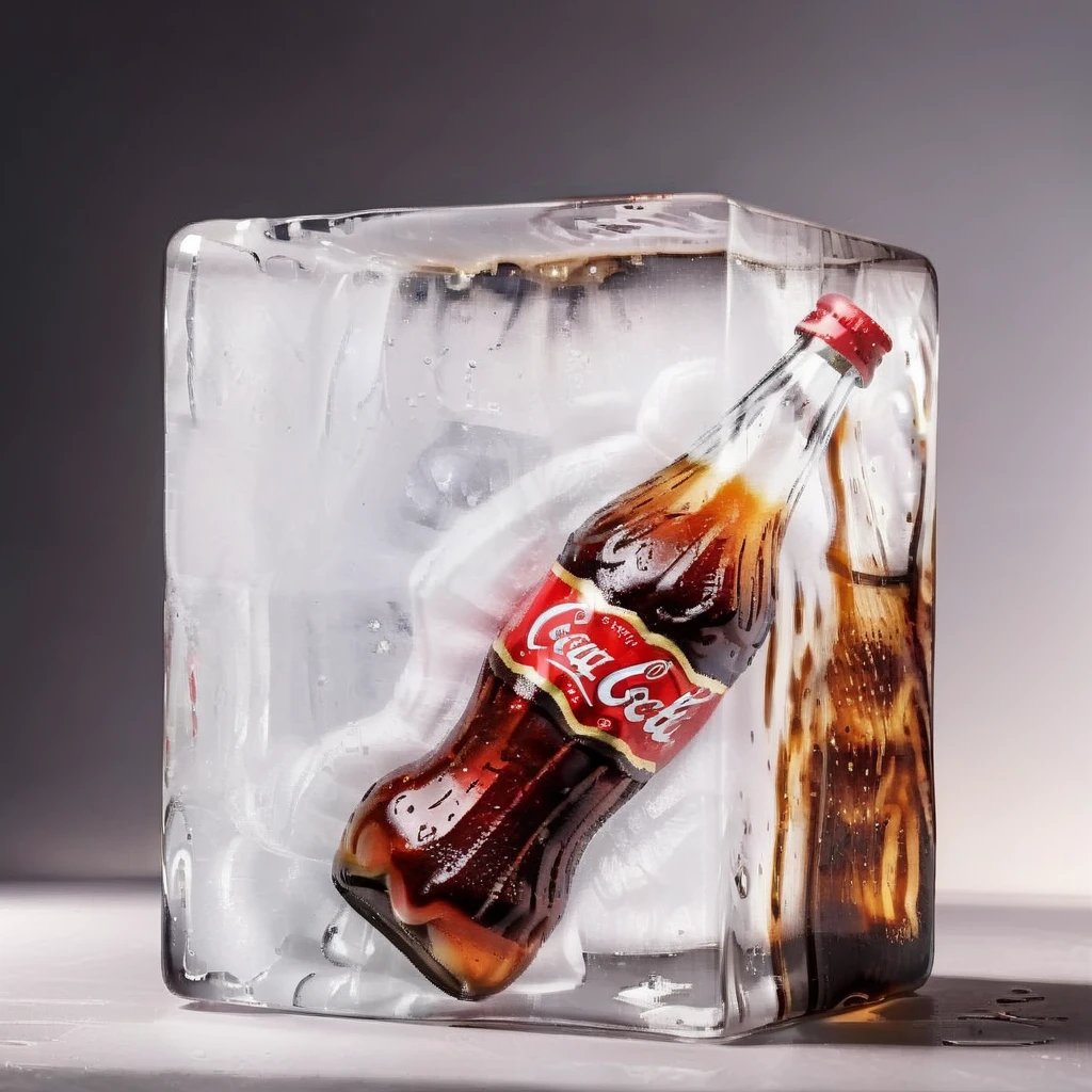 Create a realistic image of cola frozen inside a block of ice,<lora:iniceblock:0.8>