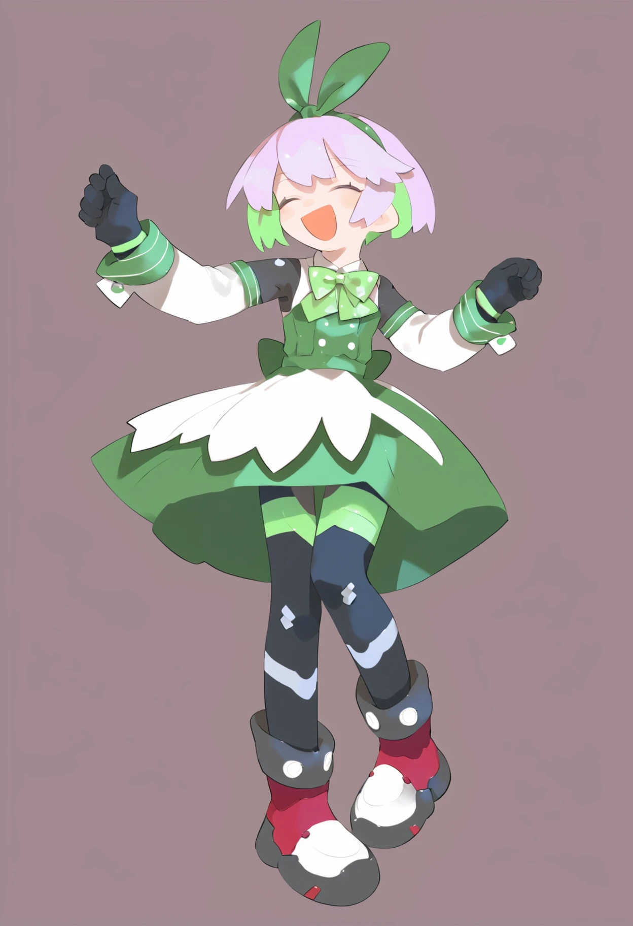 (score_9,score_8_up,score_7_up),source_anime,lvzi, short_hair, 1girl, gloves, simple_background, solo, colored_skin, black_gloves, white_background, full_body, standing, smile, boots, multicolored_hair, open_mouth, shoes, green_hair, shirt, two-tone_hair, long_sleeves, :d, hand_up, hairband, ribbon, pink_hair, outstretched_arm, grey_skin, hair_ribbon, happy, standing_on_one_leg, arm_up, bow, dress, green_hairband, green_skirt, leg_up, sidelocks, transparent_background, clenched_hands, green_bow, green_footwear, bowtie, green_dress, green_ribbon, green_bowtie, clenched_hand, closed_eyes, sleeveless, arms_up, wrist_cuffs, personification, sleeveless_dress, detached_sleeves, ^_^, facing_viewer, yellow_footwear,, <lora:lvziXL-000005:1>