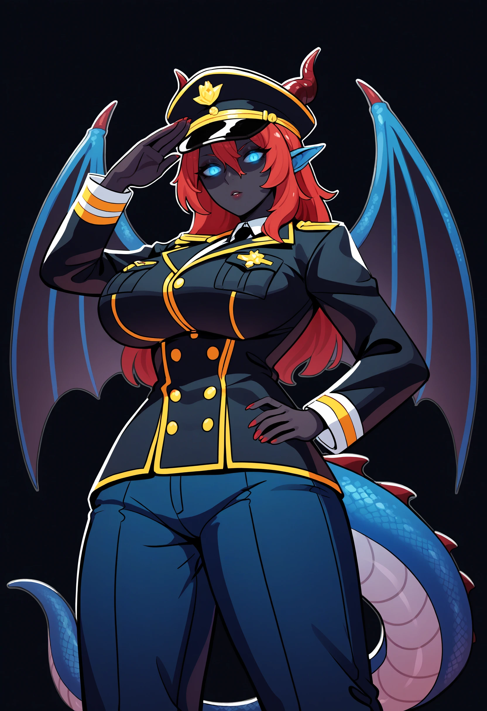 score_9, score_8_up, score_7_up, score_6_up, score_5_up, score_4_up,
BREAK
1girl, (black skin:1.3), colored skin, blue scales, blue eyes, glowing eyes, red hair, dragon horns, dragon girl, dragon tail, dragon wings,
BREAK
solo, black coat, military uniform, military hat, large breasts, salute,
BREAK
black background, simple background, perspective, dynamic pose, <lora:Lunas-5t_0000-SDXL-B1:1>