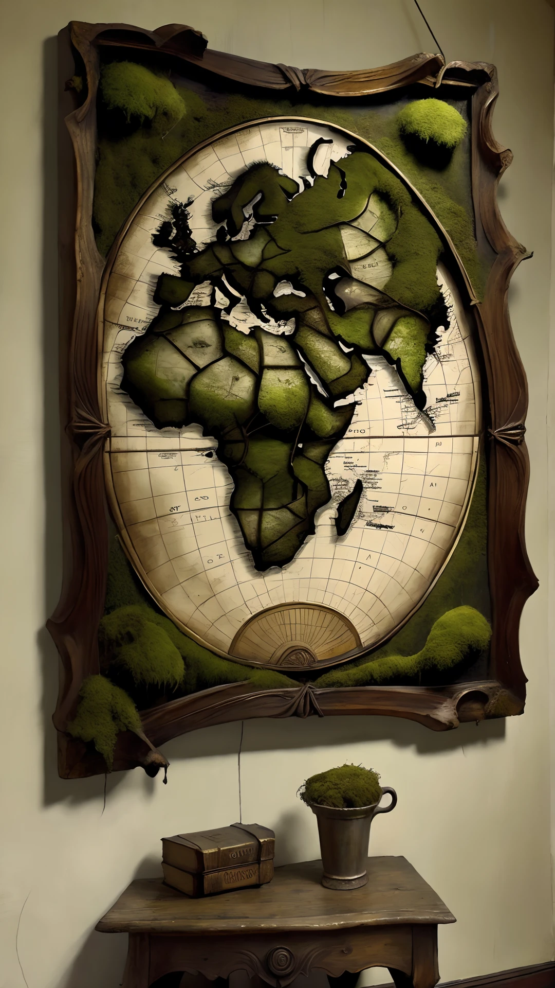 <lora:mosscovered:0.8>, moss, world map wall art with an antique look, horror theme, full body, old , (Masterpiece:1.3) (best quality:1.2) (high quality:1.1)