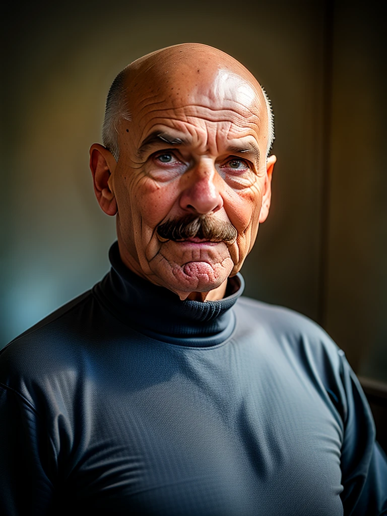 indoors. solo plump male focus , older, moustache, bald, turtleneck, dark black background
 

