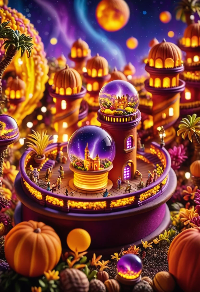 cinematic photo As you gaze upon the vibrant and colorful world of miniature microverse, your eyes are drawn to its unique creation. The sky above is a mix of fiery oranges, radiant yellows, and lush purples as they swirl and twist in the air. At Nighttime, , 35mm photograph, film, bokeh, professional, 4k, highly detailed,
