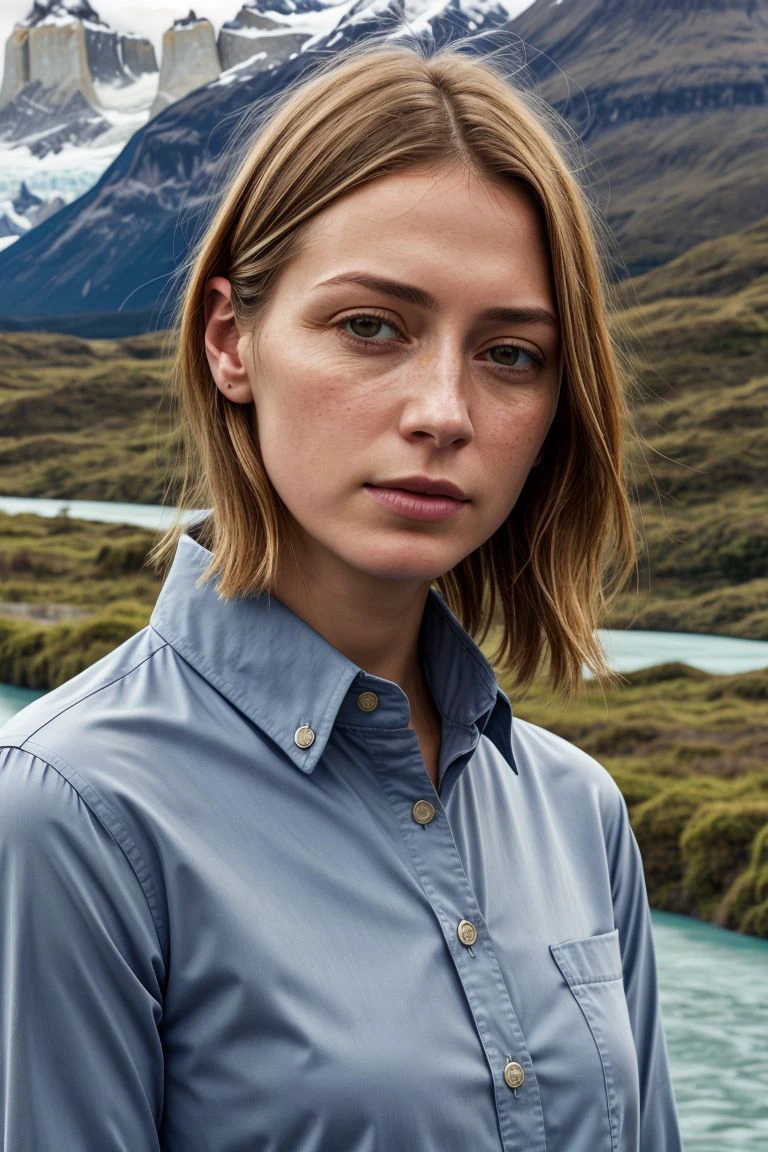 European woman, closeup, (shirt), pants, (Torres del Paine), (), ZM_sara, wide shoulders, perfect face, (contact iris: 1.1), pale skin, skin pores , depth of field