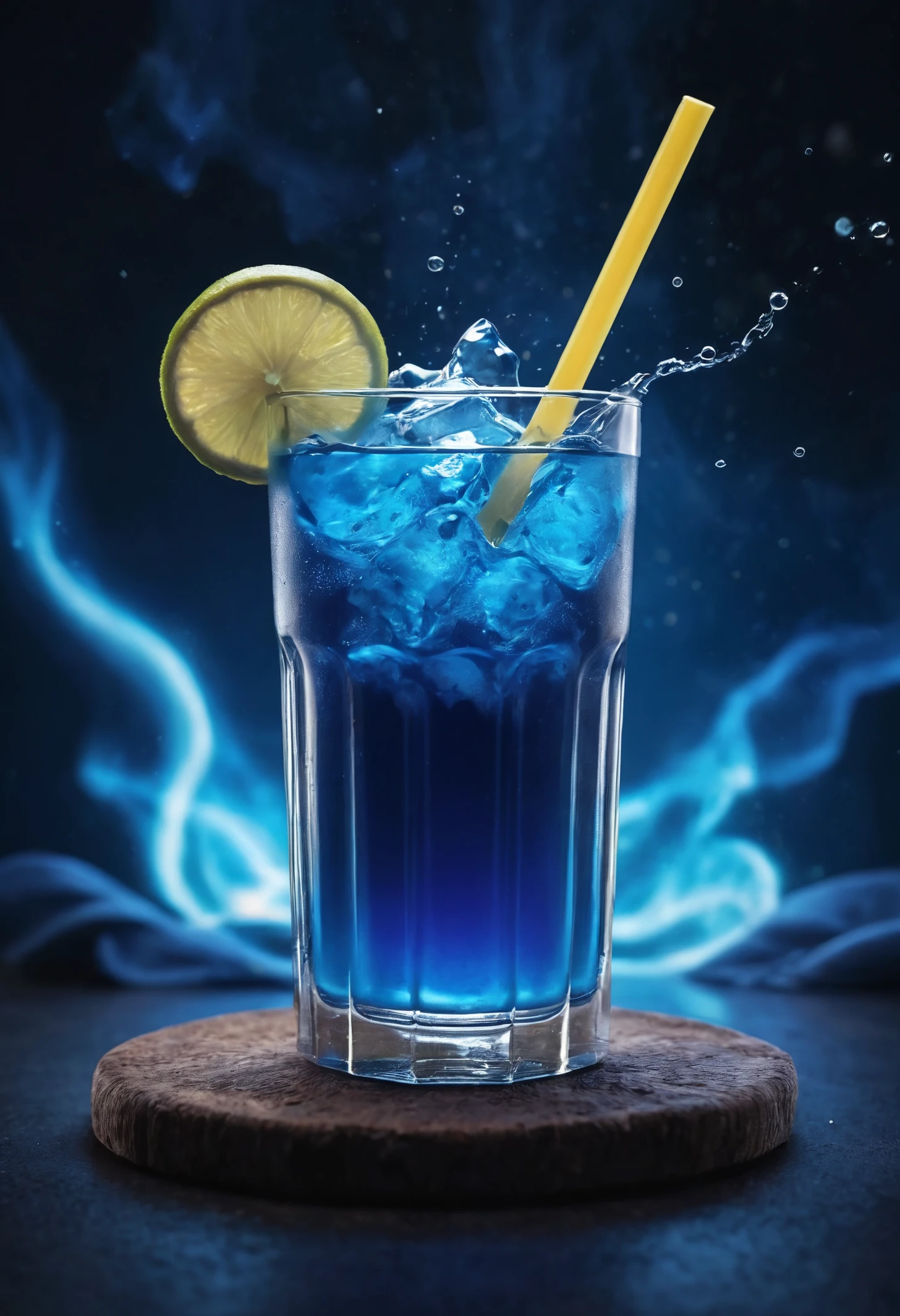 vibrant glowing blue drink, in the style of a product hero shot in motion, dynamic magazine ad image, photorealism, sleep and mystical elements around the background