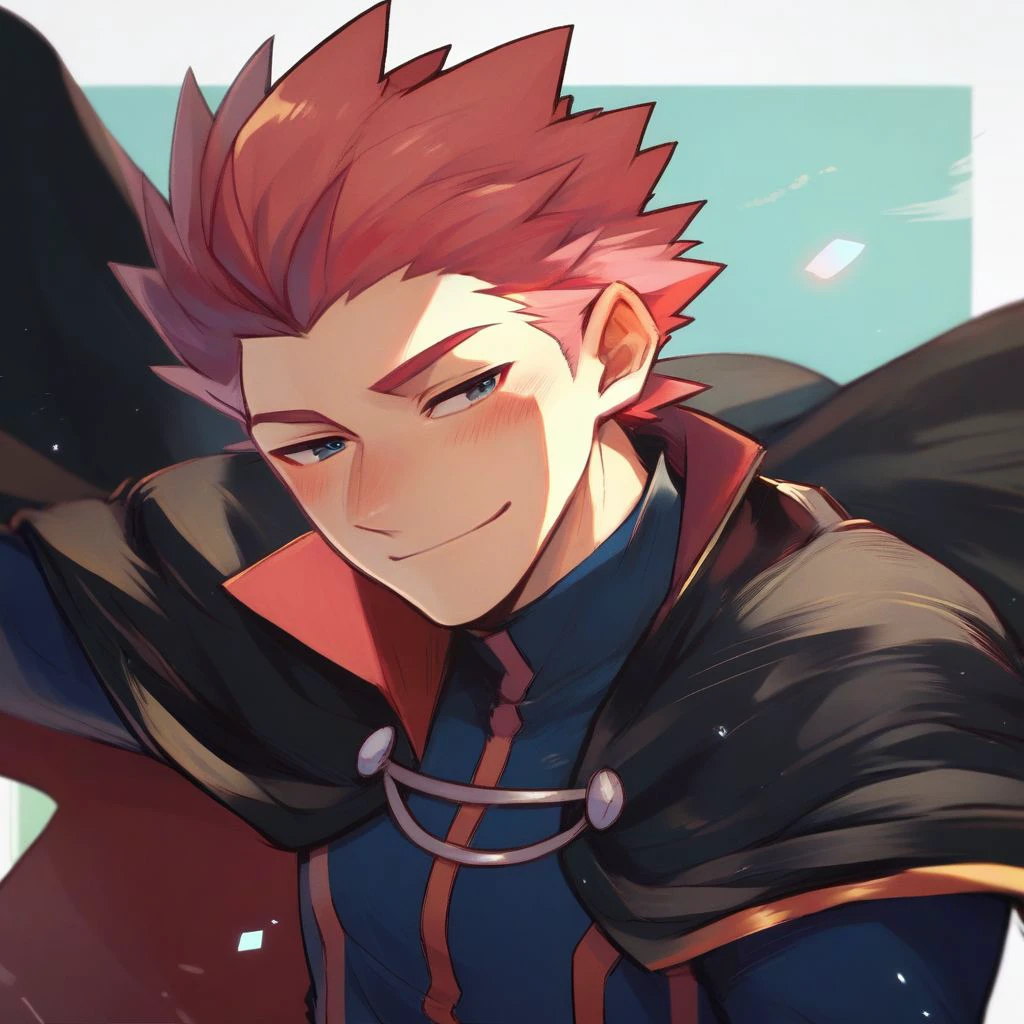 score_9,score_8_up,score_7_up,score_6_up,score_5_up,score_4_up, solo, 1boy, male focus, red hair, spiked hair, , blue bodysuit, long sleeves, black cape, upper body, smile, half-closed eyes, blush