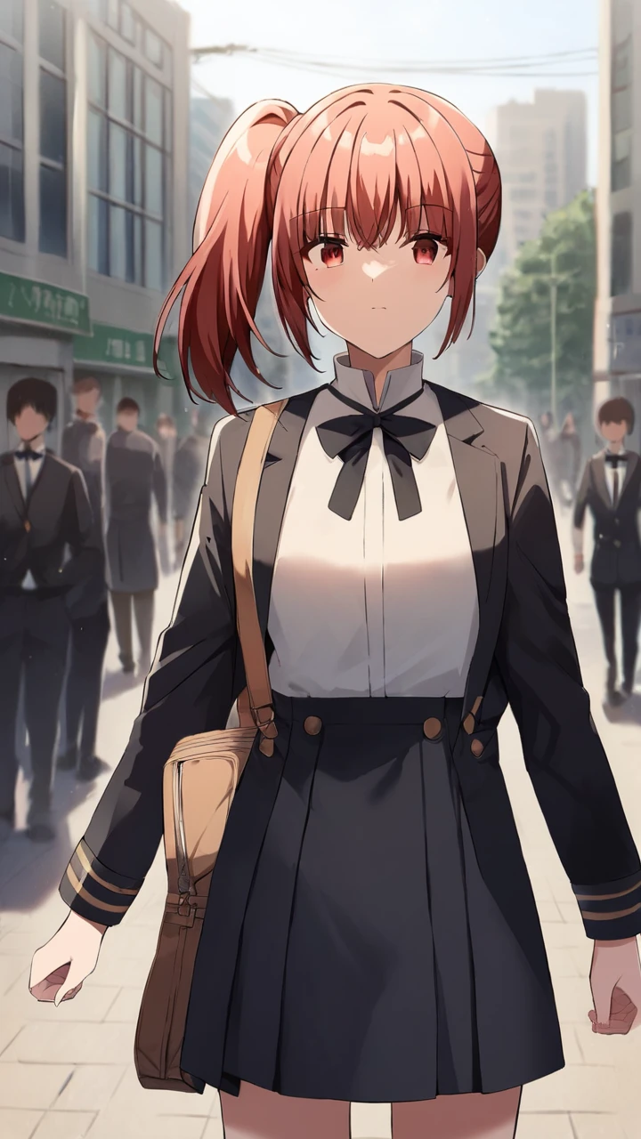 score_9, score_8_up, score_7_up, source_anime, rating_safe,
1girl, outdoors, city, crowd, cowboy shot,
<lora:Chastille_Lillqvist-soralz:0.9>, 1girl, chastille_lillqvist, red hair, side ponytail, red eyes, bangs,
white shirt, black jacket, skirt, jk, bag, school uniform, neck bow,