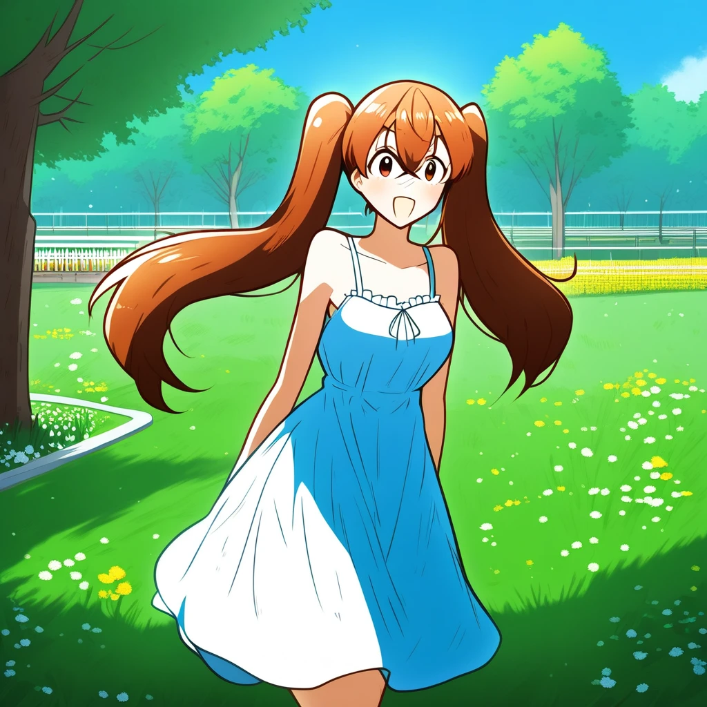 1girl, auburn-brown hair, long hair, twintails, auburn-brown eyes, medium-sized chest, sundress, sunny day, grss field, park