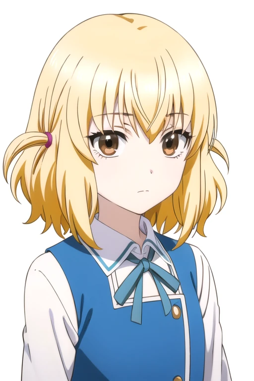 solo, 1girl, looking at viewer, 2D, anime, anime coloring, upper body, (solid white background:1.3),<lora:roka-dfrag:0.8>, roka shibasaki, school uniform, closed mouth