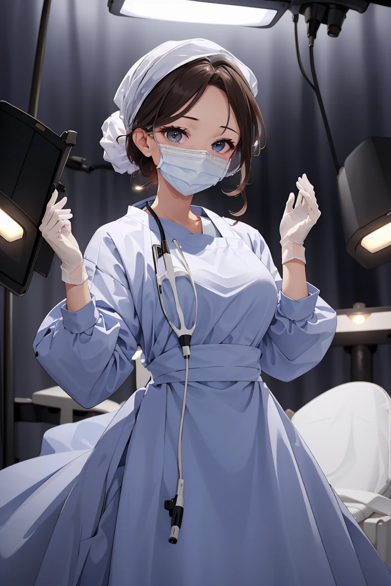 (RAW photo, best quality), (1girl), operating room, overhead surgical light,blurred background, focused,
 <lora:Hands_UP_V2.0-000006:0.8> hands_up_surgeon, looking at viewer, surgical mask, gloves,long dress, long sleeves,bouffant cap,