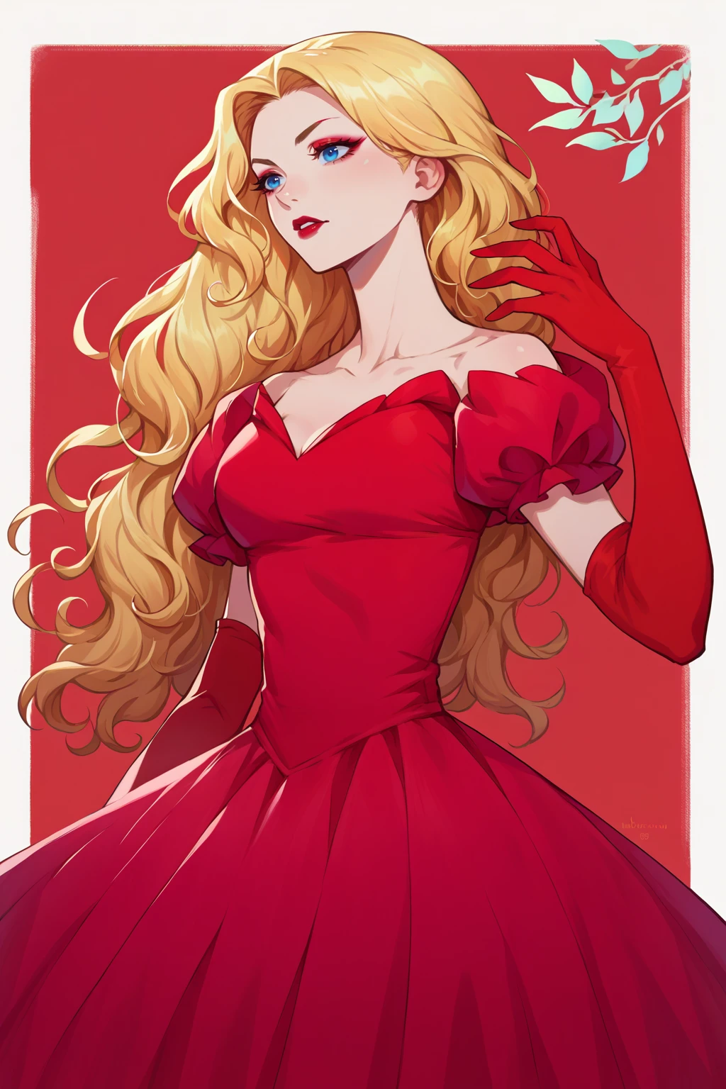 source_anime, score_9, score_8_up, score_9, 1girl, solo, <lora:NSHaleyStardew:1> NSHaleyStardew, long hair, blonde hair, blue eyes, red dress, red eyeshadow, red lipstiick, elbow gloves