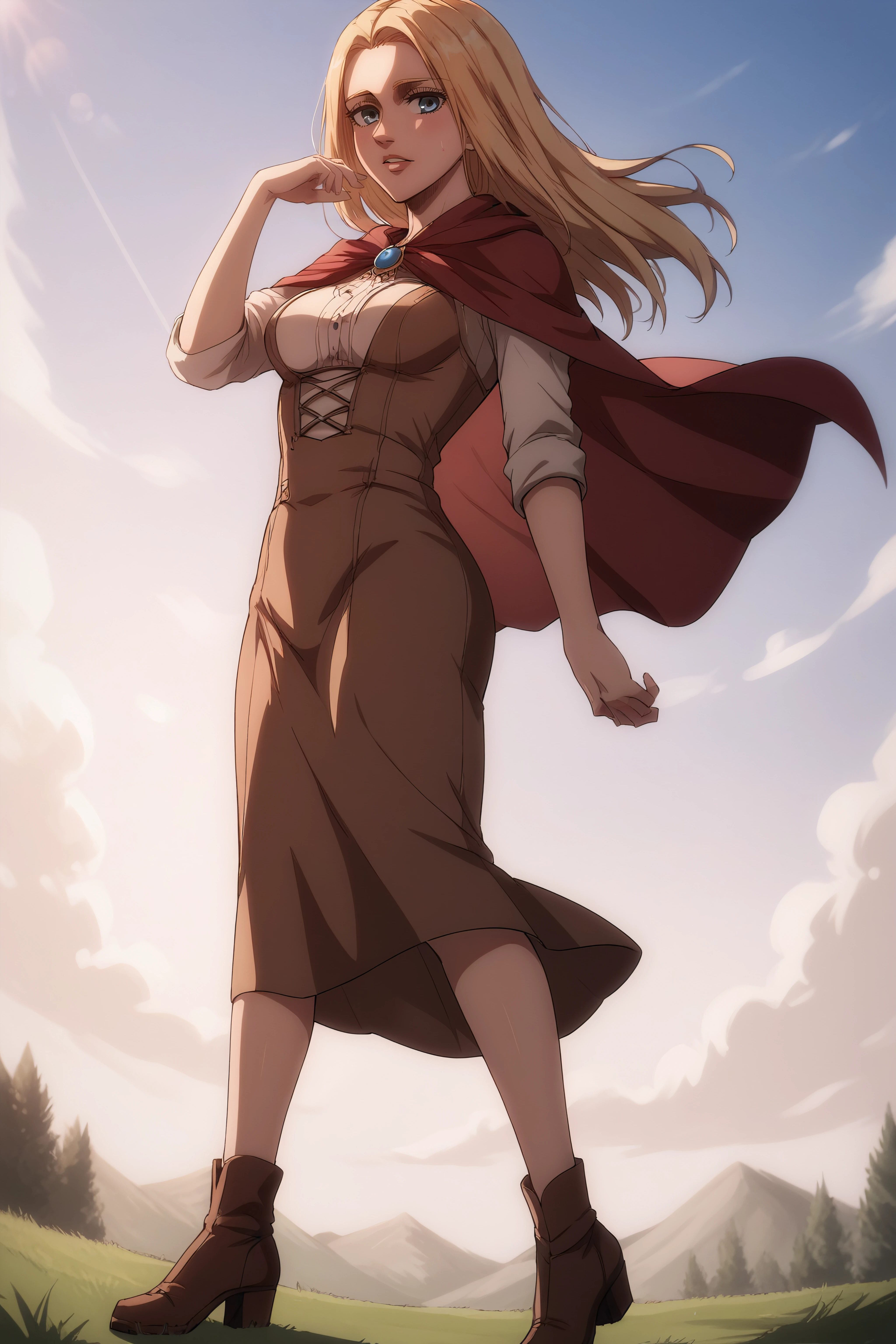 score_9, score_8_up, score_7_up, BREAK source_anime, <lora:historia reiss v2-PonyXL-lora-Faxtron:0.8> historia reiss, medium breasts, long brown dress, red cape, shoes,