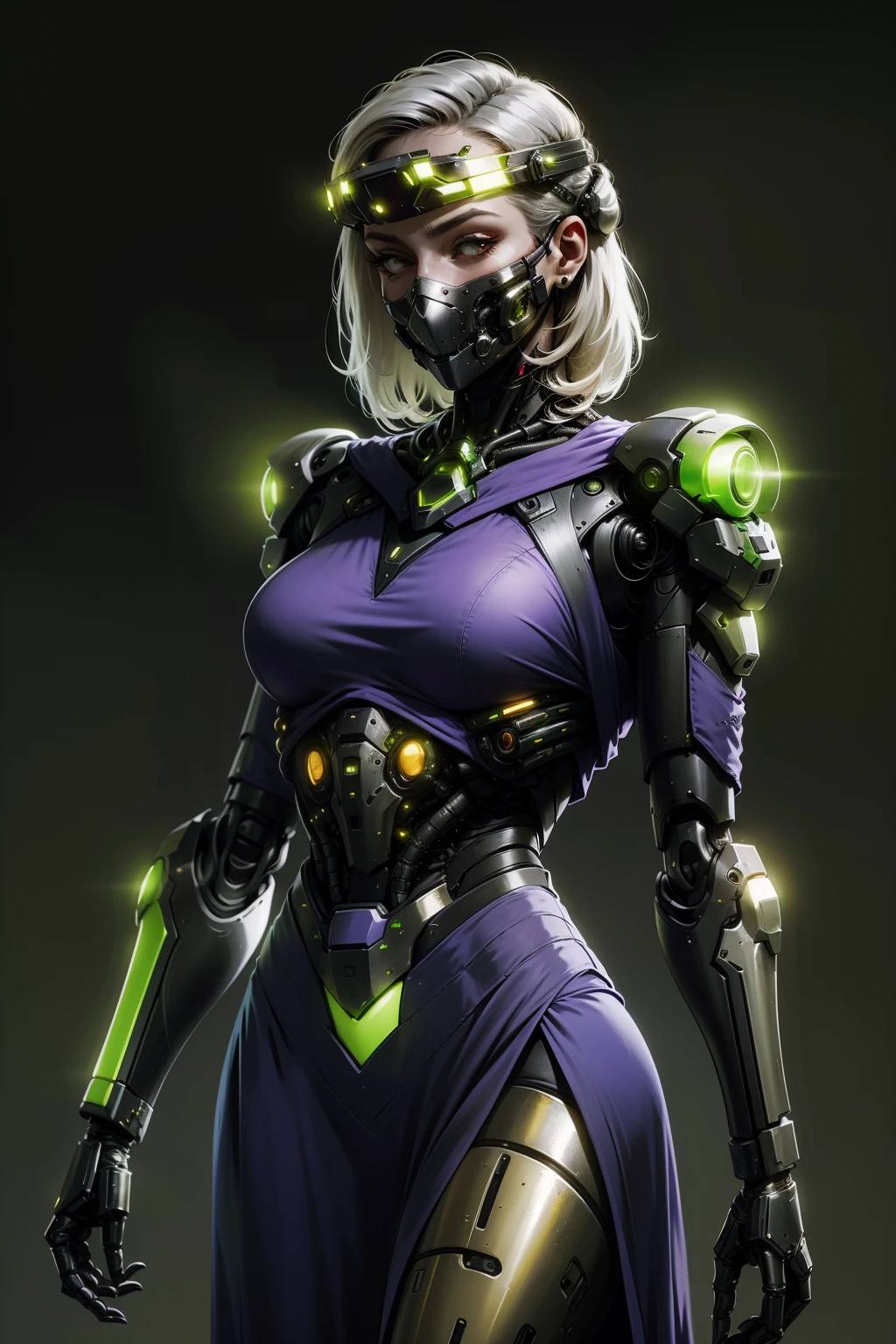 torso of witch cyborg lady, ornate purple dress with golden lace trim, assault visor, face mask, simple background, <lora:sxz-cyberpsycho-x:0.6>, exoskeleton with green bulbs, cyborg, cyberpunk style, mechanical parts, science fiction,