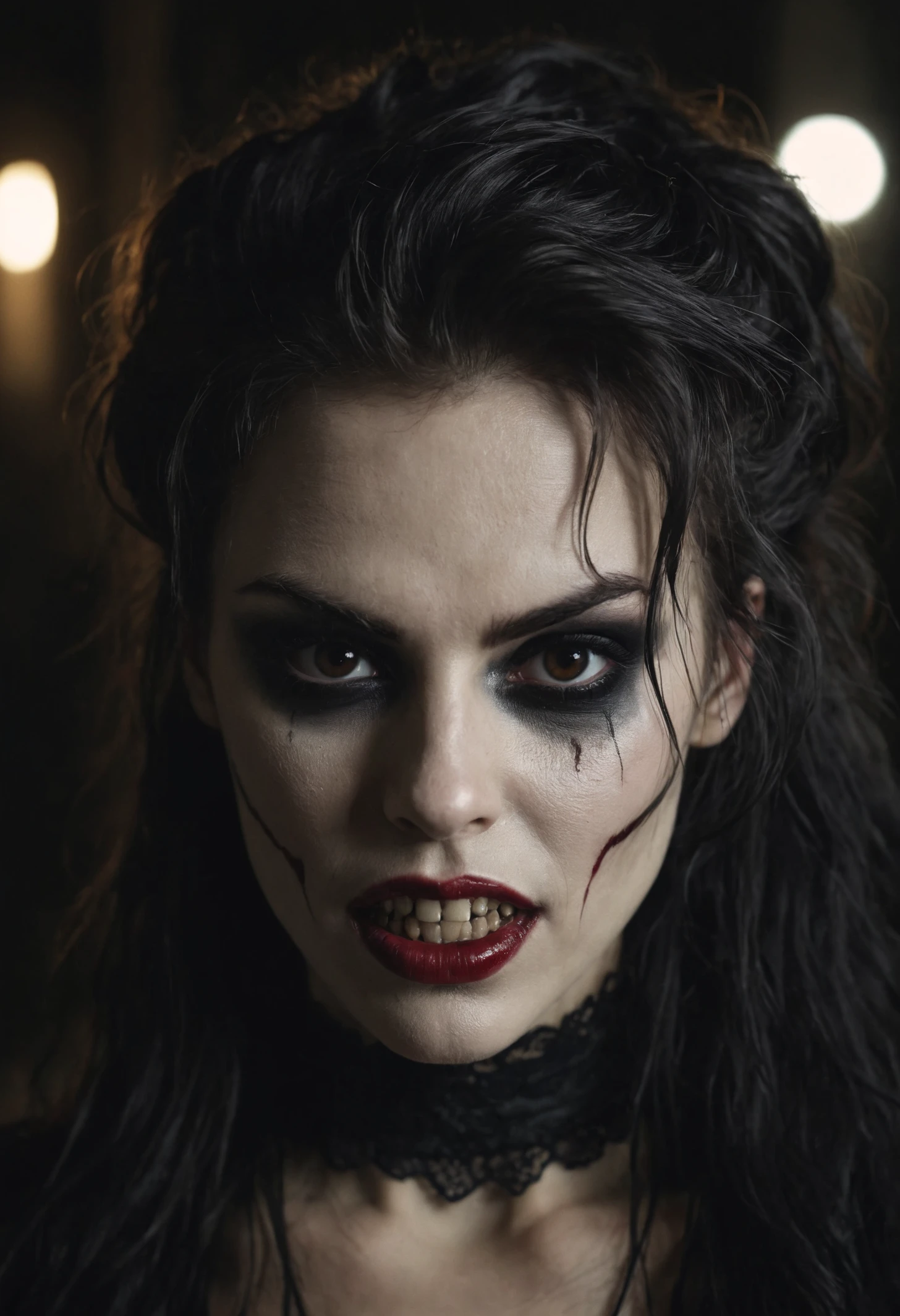 Dark Fantasy Art of (Cinematic Film stock footage style) in (arri alexa style) (Kodak film print style), hyperrealism
Female Vampire 1 woman with a weird face and a weird hair and with a vampire makeup and vampire fang teeth, dark, moody, dark fantasy style