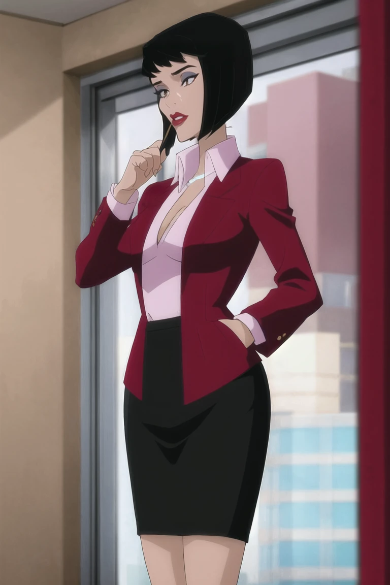 masterpiece, best quality, high quality, highres, indoors, 
Red_Suit_LoisLaneUnbound, www.ownwaifu.com,
1girl, black hair, short hair, lipstick, makeup, breasts, cleavage, medium breasts, purple eyes, lips, bangs, blunt bangs, eyeshadow, bob cut, red lips,
jacket, skirt, pencil skirt, formal, shirt, necklace, jewelry, open clothes, miniskirt, skirt suit, long sleeves, pantyhose,
<lora:CARTOON_DC_LoisLaneUnbound_ownwaifu-15:1>