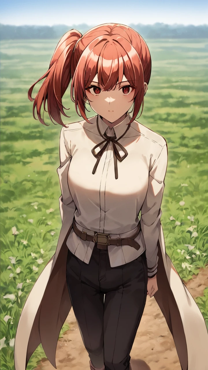 score_9, score_8_up, score_7_up, source_anime, rating_safe,
1girl, looking at viewer, outskirts, field
<lora:Chastille_Lillqvist-soralz:0.8>, chastille_lillqvist, red hair, side ponytail, red eyes, medium breasts,
long sleeves, white collared shirt, neck ribbon, waist cape, brown footwear, black pants, belt