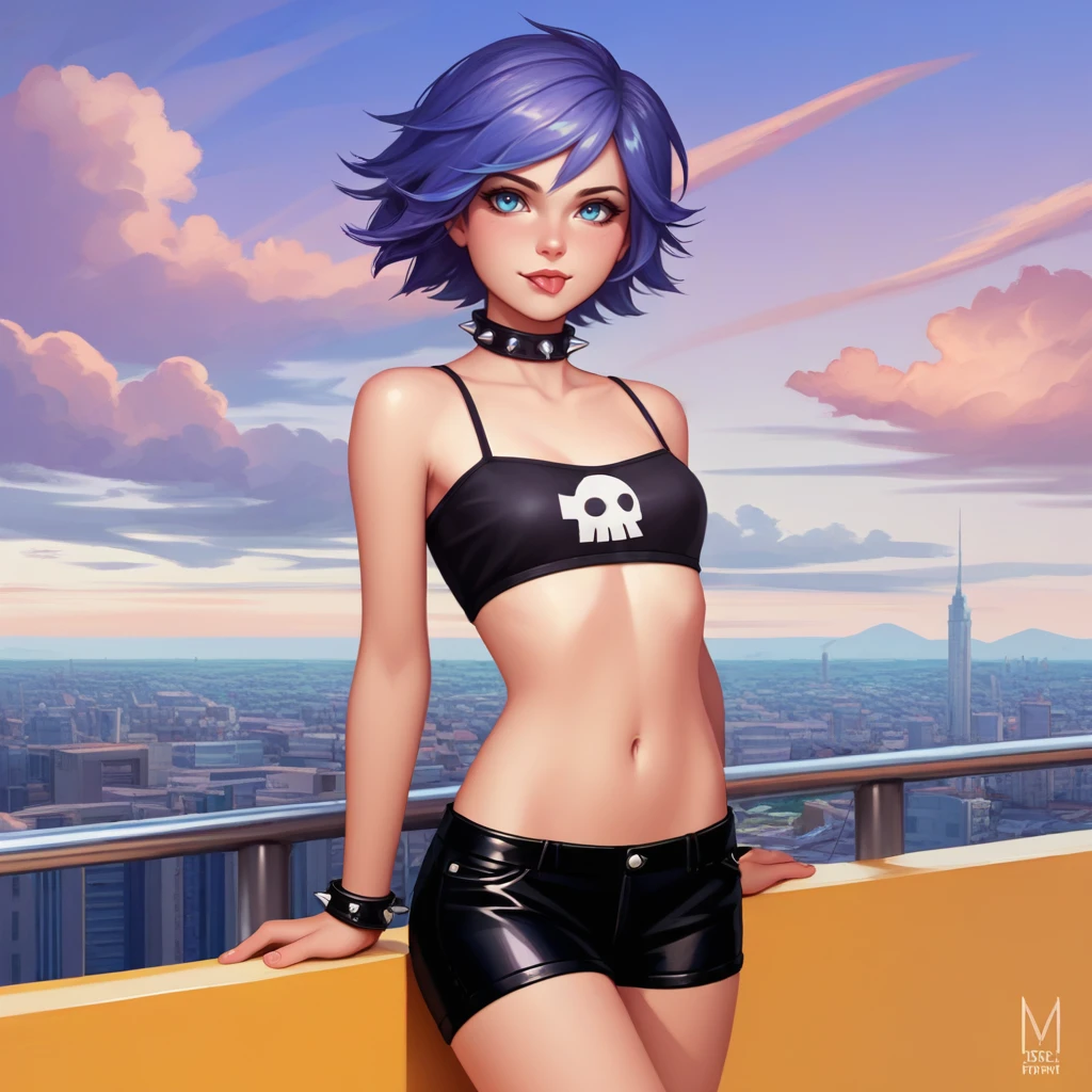 yumi,  score_9, score_8_up, score_7_up, score_6_up,  BREAK  <lora:Hi_Hi_Puffy_AmiYumi:0.8>,navel,breasts,AmiYumi, solo, short_hair,   shiny skin, skyline,  cloudy sky, black outline eyelash,summertime render, spiked collar,