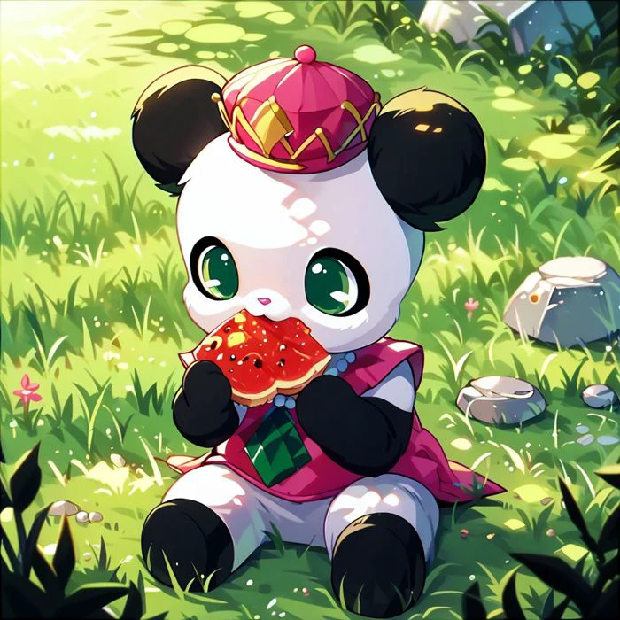 score_10, score_9_up, score_8_up, 
jewel pet,Rald,solo,hat,sitting,green eyes,outdoors,no humans,eating,grass,rock,panda,panda ears