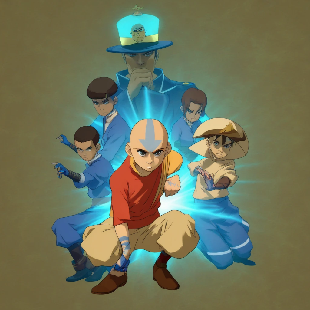 parody, glowing eyes, ship, hat, parted lips, facial mark, brown gloves, fighting stance, blue background, 6+boys