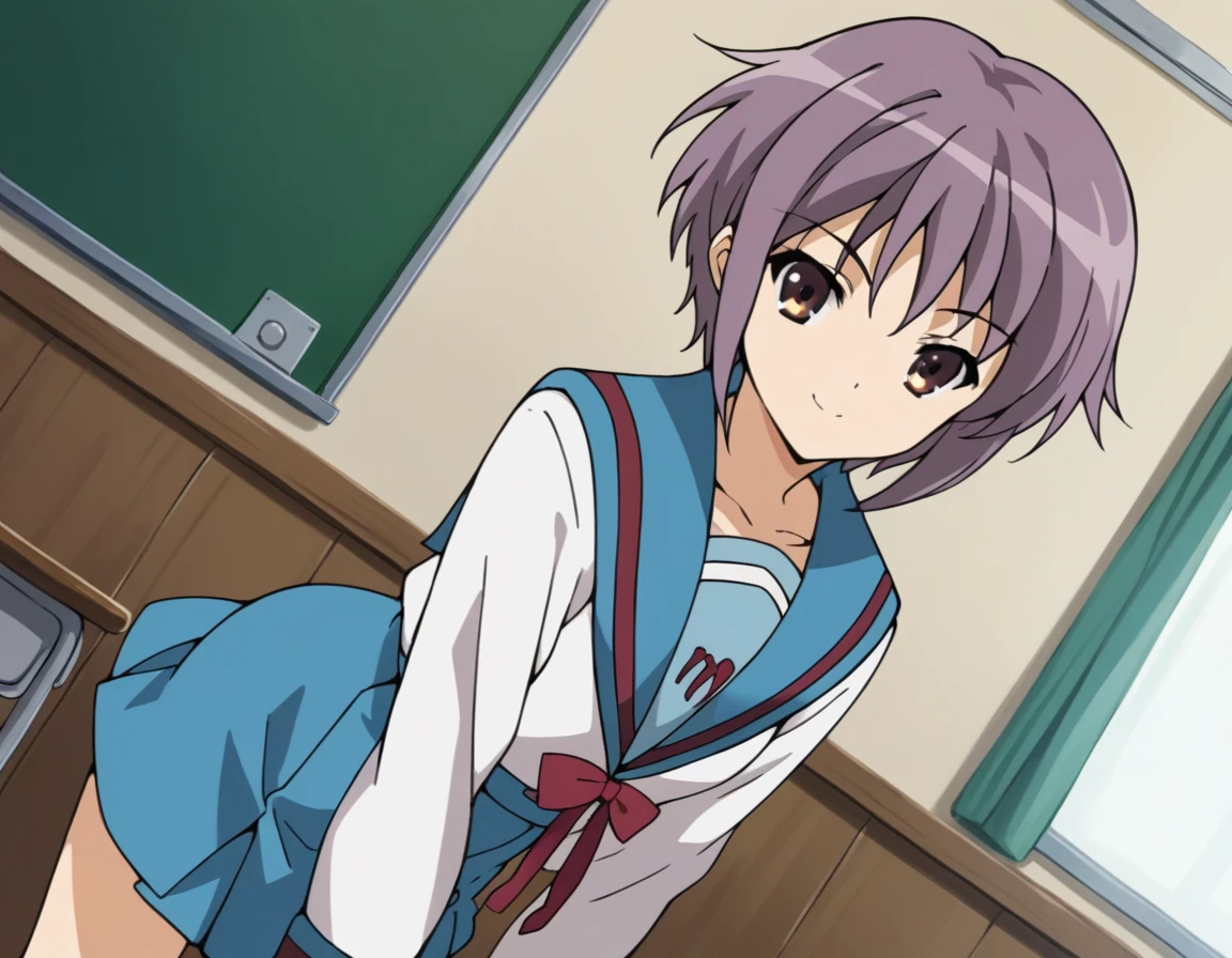 score_9, score_8_up, score_7_up, source_anime,
yukinagato,  <lora:yuki-nagato-s1-ponyxl-lora-nochekaiser:1>,
yuki nagato, short hair, bangs, brown eyes, purple hair,
skirt, long sleeves, school uniform, serafuku, sailor collar, blue skirt, blue sailor collar, winter uniform, kita high school uniform,
indoors, classroom, bent over, smile,
looking at viewer, dutch angle, cowboy shot, solo,