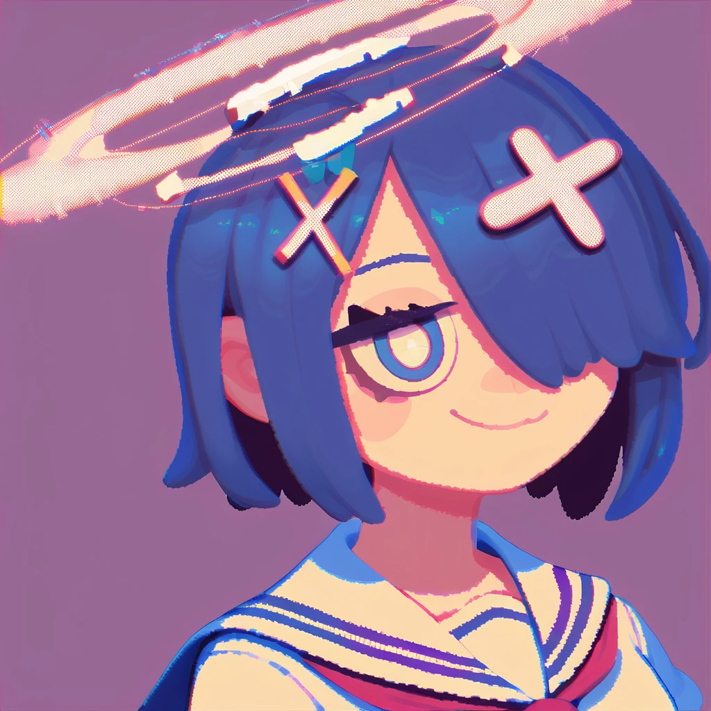 score_9, score_8_up, score_7_up, score_6_up, score_5_up,score_4_up,Pixel art,{glitch art},1girl,solo,:3,{{mesugaki}},[naughty face],medium hair,halo,[x hair ornament],[[hollow eyes]],dark blue eyes,dark blue hair,{hair over one eye},[perfect oval iris],long sleeves,long sailor collar,mosaic,[The background features a Weird Core style], <lora:lvziXL-000005:0.7>