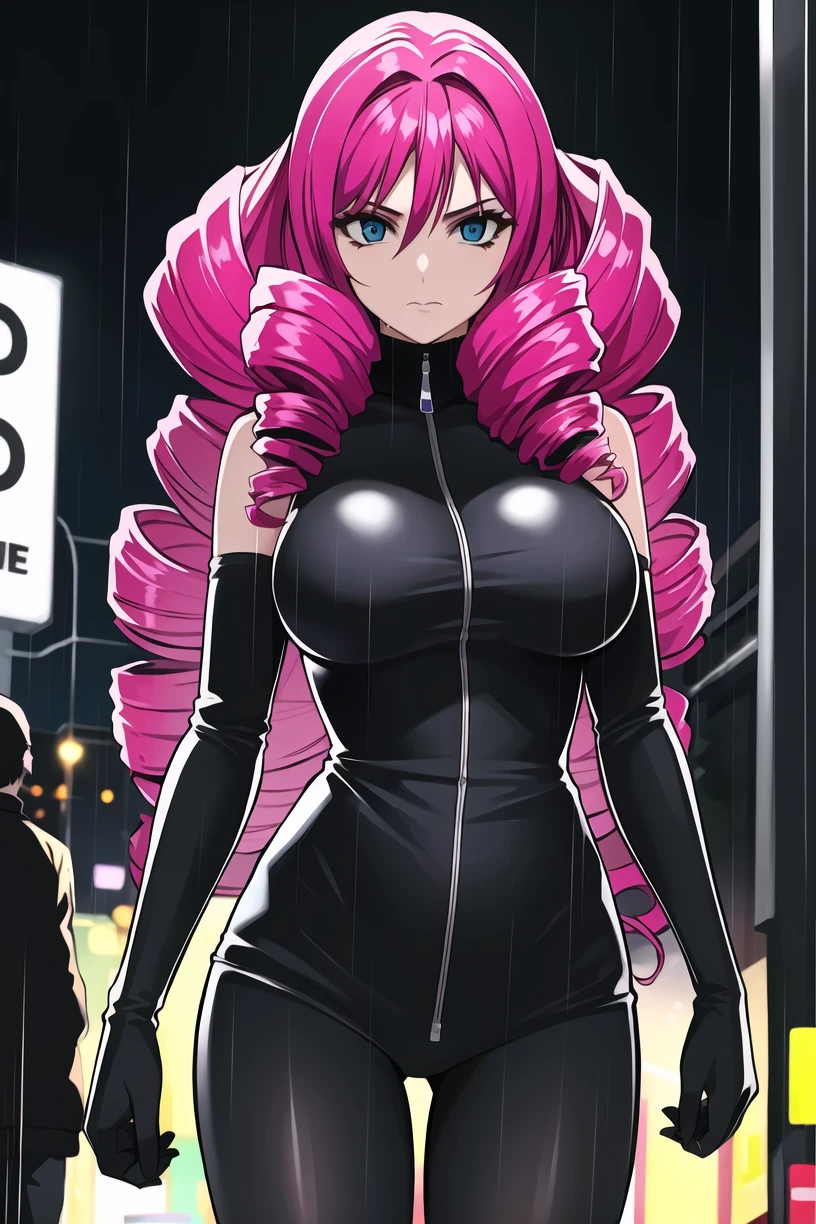 Wearing a mint green latex outfit、A very beautiful and strict woman、Pink Hair,Dominant appearance、Ideal ratio、Big Breasts、Tight waist、Big Ass、Anatomically correct body structure:1.5、Ron Grove、High heels、Possession of a whip、Light and red candles、Dramatic lighting、Intricate details、Very detailed、8k、Realistic、Sharp focus、Cinematic、A dark and muted color palette、Dramatic shadows and highlights、Glossy glossy texture、underground