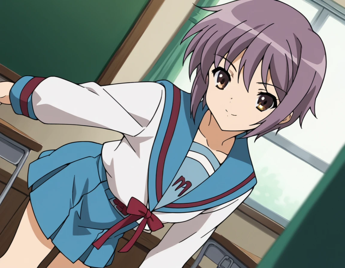 score_9, score_8_up, score_7_up, source_anime,
yukinagato,  <lora:yuki-nagato-s1-ponyxl-lora-nochekaiser:1>,
yuki nagato, short hair, bangs, brown eyes, purple hair,
skirt, long sleeves, school uniform, serafuku, sailor collar, blue skirt, blue sailor collar, winter uniform, kita high school uniform,
indoors, classroom, bent over, smile,
looking at viewer, dutch angle, cowboy shot, solo,