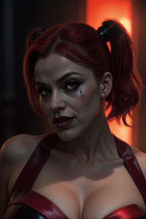 portrait, exquisite chiaroscuro lighting and composition, 8k, very detailed, high resolution, harley quinn (justice league gods and monsters), skin details, sinister atmosphere, stormy blood red sky, illustration, artstation, concept art, smooth, sharp focus, award winning work