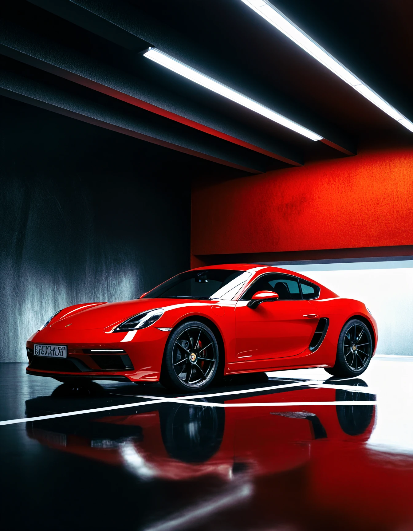 Cayman, a red Porsche Cayman sports car parked on a 
 , The image is a digital artwork or photograph featuring a red sports car positioned within a futuristic tunnel-like structure. The tunnel has a retro-futuristic design, with a spiral pattern and neon lights in the background that give off a sci-fi vibe. The lighting is dramatic, with a strong contrast between the red of the sports car and the cooler tones of the tunnel interior.

The sports car itself appears to be a high-performance model with a sleek design, featuring large alloy wheels and what looks like an aggressive front bumper with a splitter and air intakes. The car is stationary, and its reflection on the floor suggests a reflective surface beneath it. There are no visible texts or brands in the image.

The composition of the image suggests a setting where speed and modernity are themes, possibly from a video game given the stylized nature of the environment. 