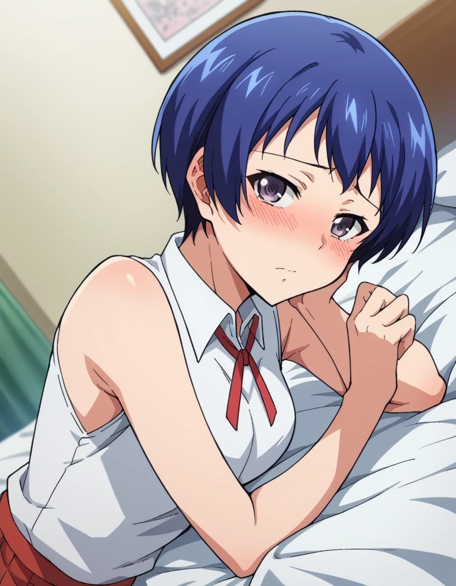 score_9, score_8_up, score_7_up, source_anime,
ainayoshizawa, <lora:aina-yoshizawa-s1-ponyxl-lora-nochekaiser:1>,
aina yoshizawa, short hair, blue hair, purple eyes,
skirt, sleeveless, socks, shirt, white shirt, collared shirt, ribbon, neck ribbon,
indoors, bed, bed room, on side, blush, drunk,
looking at viewer, dutch angle, cowboy shot, solo,