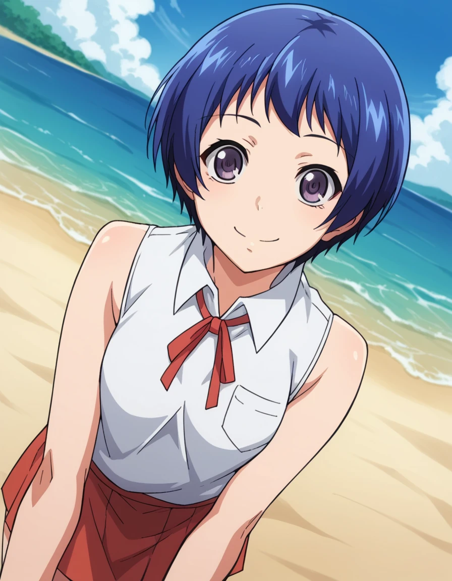 score_9, score_8_up, score_7_up, source_anime,
ainayoshizawa, <lora:aina-yoshizawa-s1-ponyxl-lora-nochekaiser:1>,
aina yoshizawa, short hair, blue hair, purple eyes,
skirt, sleeveless, socks, shirt, white shirt, collared shirt, ribbon, neck ribbon,
outdoors, beach, smile, bent over,
looking at viewer, dutch angle, cowboy shot, solo,