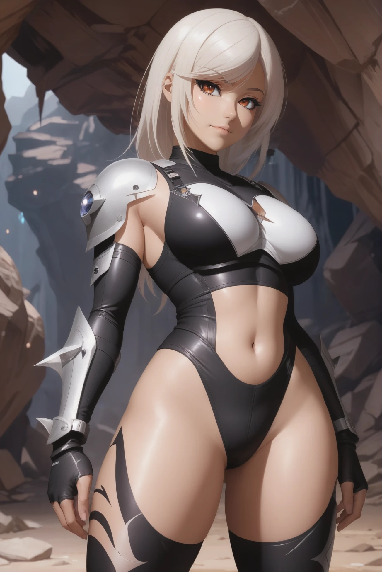 ((best quality)), ((masterpiece)), (detailed), (Female drow slave bikini chest covered)(smile) Gray skin, pale golden hair and violet eyes. She prefer's clothing of white and silver with cloaks of deep blue or purple iron man skimpy armor,  the drow city of Menzoberranzan background, huge_knockers, ((very precise detailed)) ((highres)
