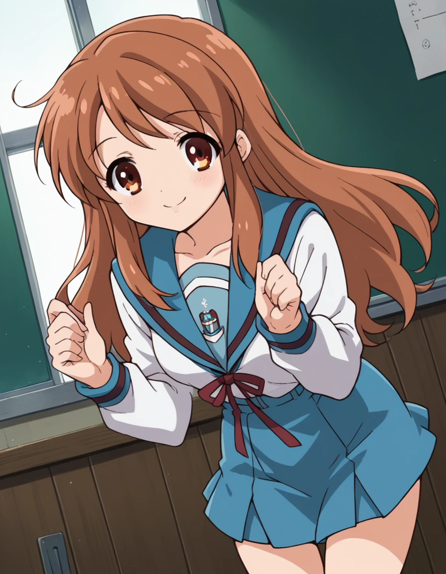 score_9, score_8_up, score_7_up, source_anime,
mikuruasahina,  <lora:mikuru-asahina-s1-ponyxl-lora-nochekaiser:1>,
mikuru asahina, long hair, brown hair, brown eyes,
skirt, long sleeves, school uniform, serafuku, sailor collar, blue skirt, blue sailor collar, winter uniform, kita high school uniform,
indoors, classroom, bent over, smile,
looking at viewer, dutch angle, cowboy shot, solo,