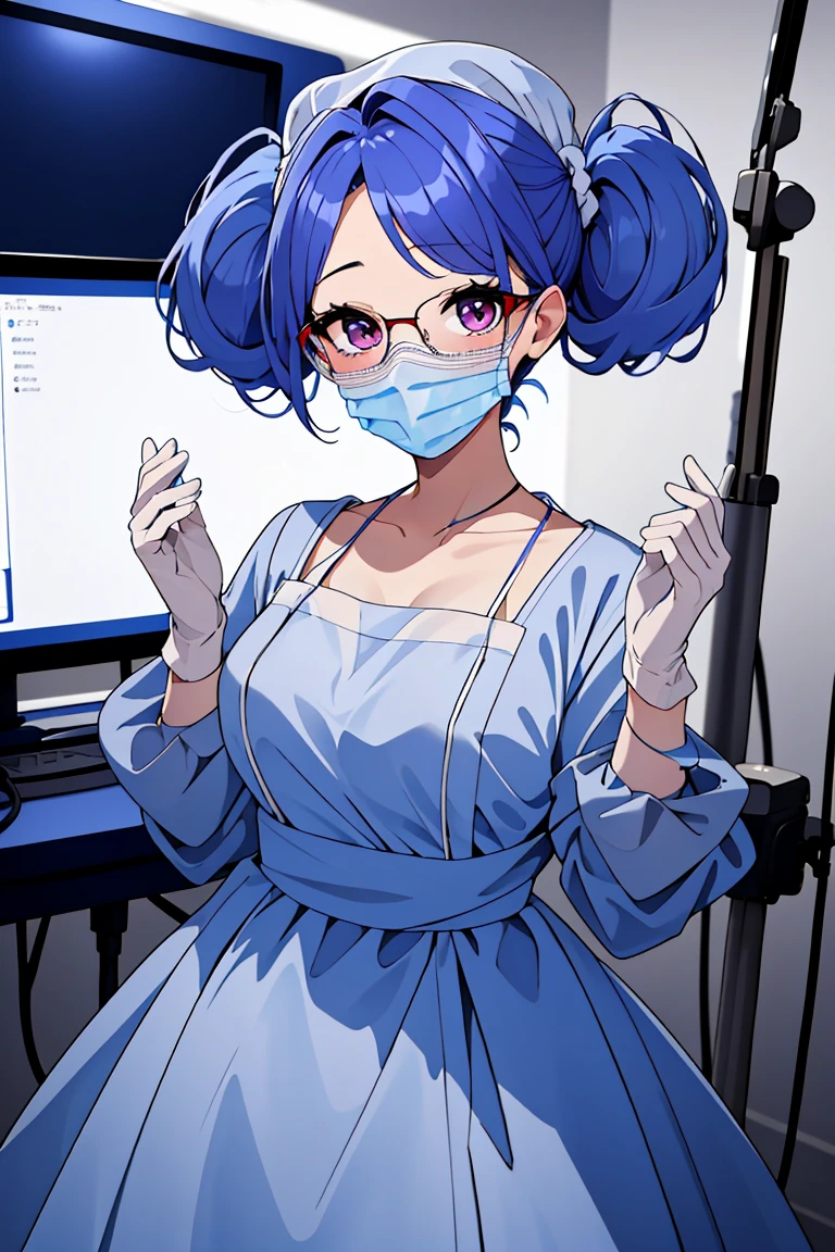 (RAW photo, best quality), (1girl), operating room, overhead surgical light,blurred background, focused,
 <lora:Hands_UP_V2.0-000006:0.8> hands_up_surgeon, looking at viewer, surgical mask, gloves,long dress, long sleeves,bouffant cap,
 <lora:Tatsuko Miiko_3dc_V1.0:0.8> tatsuko miiko, 3dcg_17, twintails, short hair, glasses