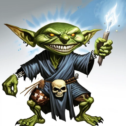 <lora:pathfinder_goblins_and_goblin_girls:1>,grinning sharp tooth pathfinder goblin mage,black patchwork robes with skulls,solo focus,casting magic,power,primal,savage,