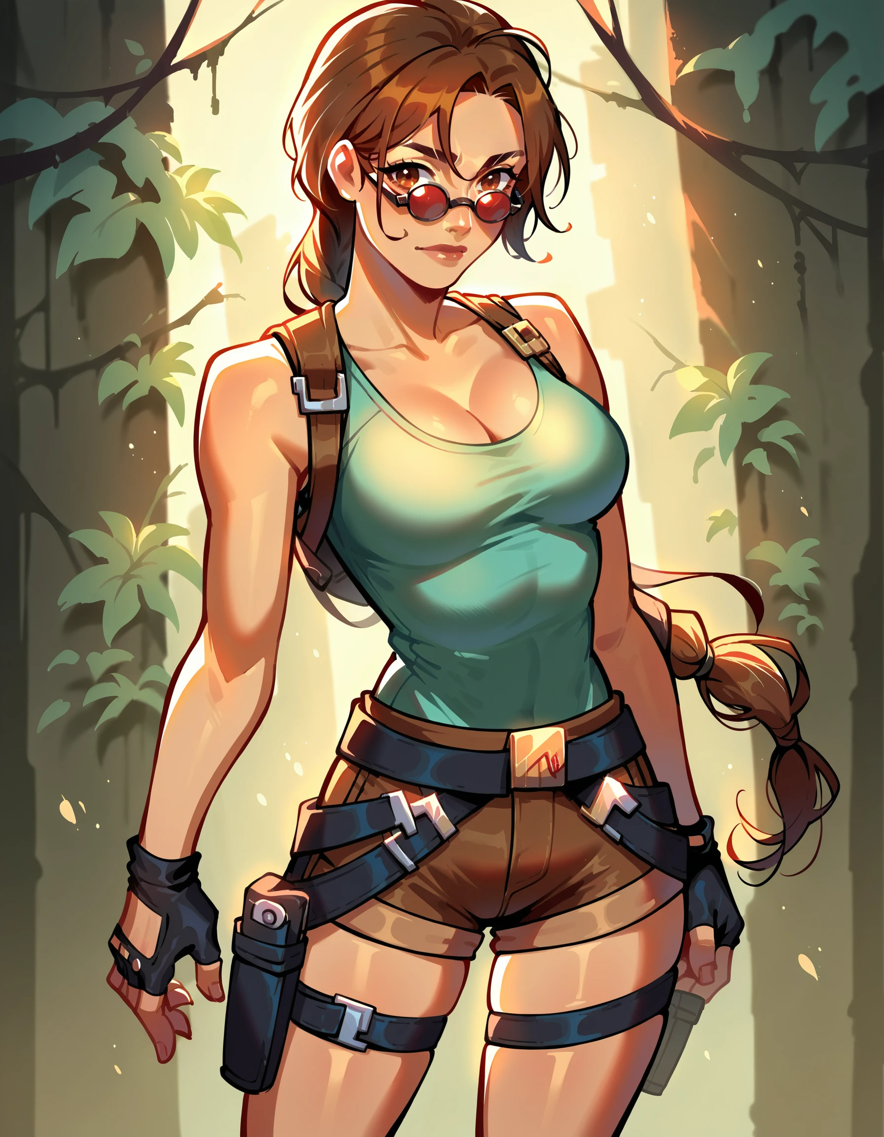 source_anime, score_9, score_8_up, score_7_up,
laracroftxl, 1girl, solo, fingerless gloves, holster, cleavage, short shorts, tinted eyewear, medium breasts, thigh holster
<lora:LoraCroftxl:1>