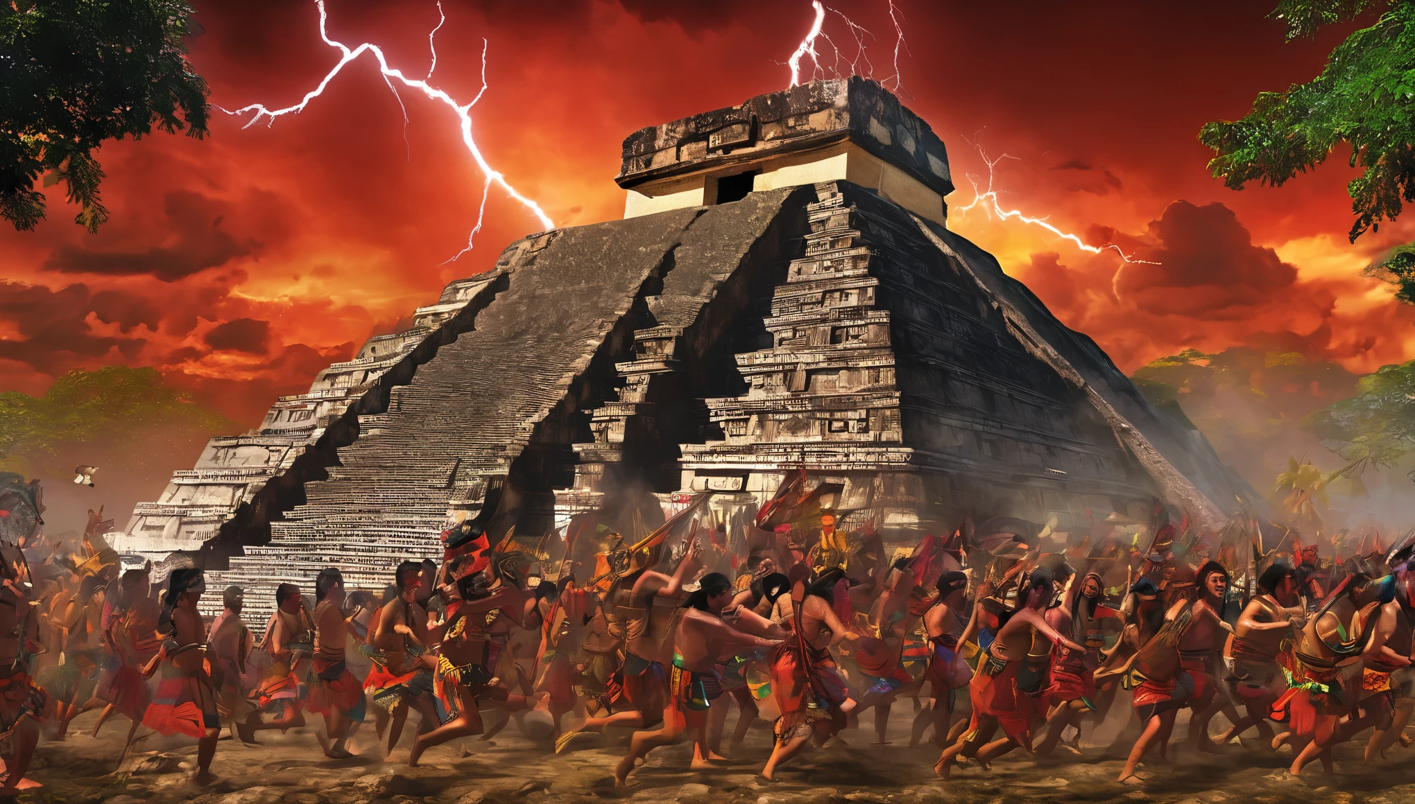 Maya civilization, apocalipse event, highly detailed maya people, maya people running, maya people falling down, maya people dying, maya people dying running, scared, magic, mystical, ritualistic, severed head, human sacrifice, storm, lightning, rain, demon, apocalypse, maya people, chaos, red sky, cinematic lighting, Ultra-Wide Angle, panorama, UHD, retina, masterpiece, super detail, award winning, best quality, 4K