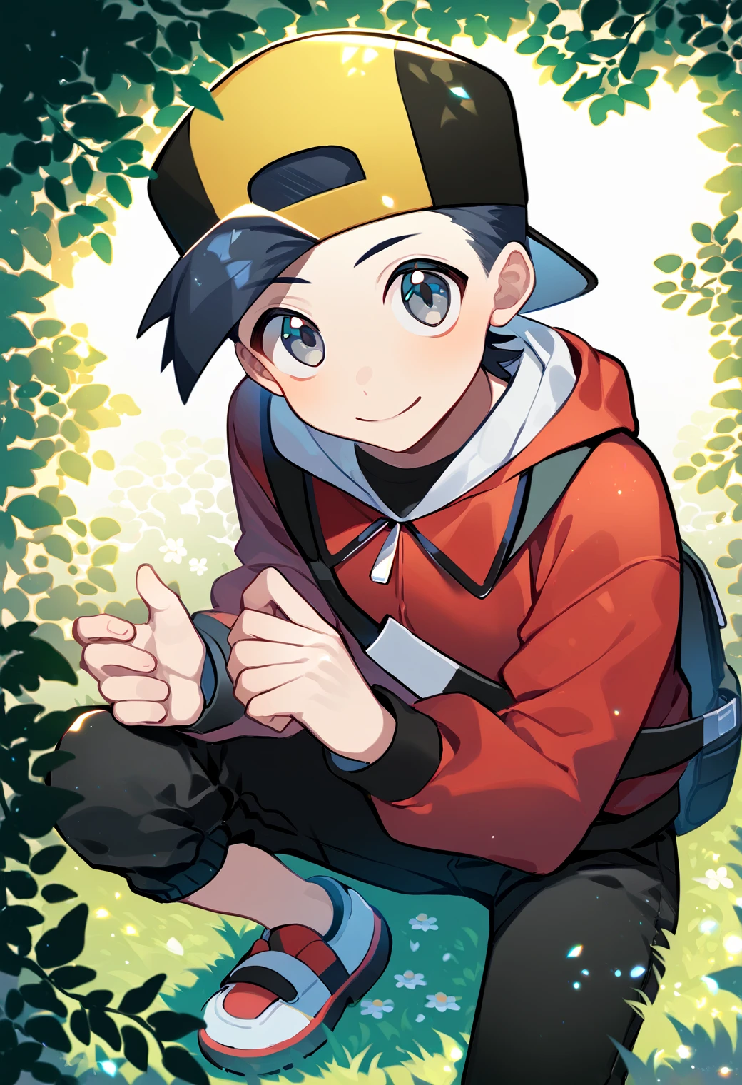 score_9_up, score_8_up, score_7_up, score_6_up, score_9, cute, 1boy, solo, ethan, black hair, grey eyes, black with yellow baseball cap, backwards cap, red hoodie, white shirt, black pants, red with white shoes, backpack, best quality, amazing quality, best aesthetic, absurdres ,source_anime, source_<lora:EMS-360038-EMS:1.000000>