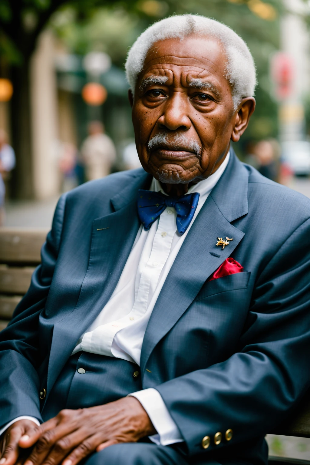 AS-Elderly old black man sitting on a bench downtown New Orleans, wearing a black suit, 200mm zoom lens f/1.4 (masterpiece:1.2) (photorealistic:1.2) (bokeh) (best quality) (detailed skin:1.3) (intricate details) (8k) (HDR) (analog film) (canon d5) (cinematic lighting) (sharp focus)
