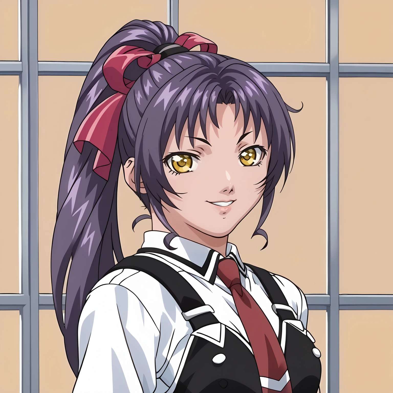 <lora:NamiKozonoXLpony001>,looking at viewer,smile,
solo,
NamiKozono,1girl,purple hair,high ponytail,hair_ribbon,yellow eyes,
school uniform,white shirt,strap,vest,red tie,