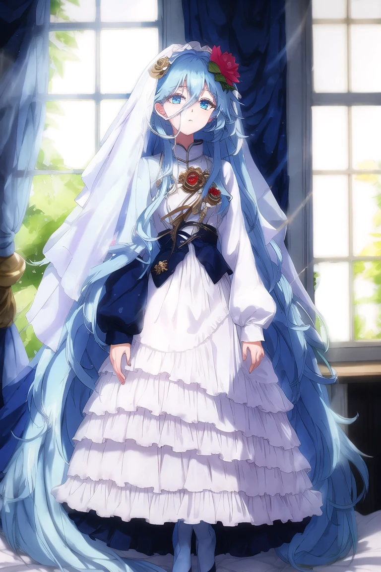 masterpiece,BEST QUALITY,godwu1,indorrs,bed sheet,window,light through window,standing,<lora:godwu:0.9>,blue eyes,blue hair,long hair,hair ornament,toeless legwear,very long hair,long sleeves,bangs,jewelry,frills,veil,hair between eyes,