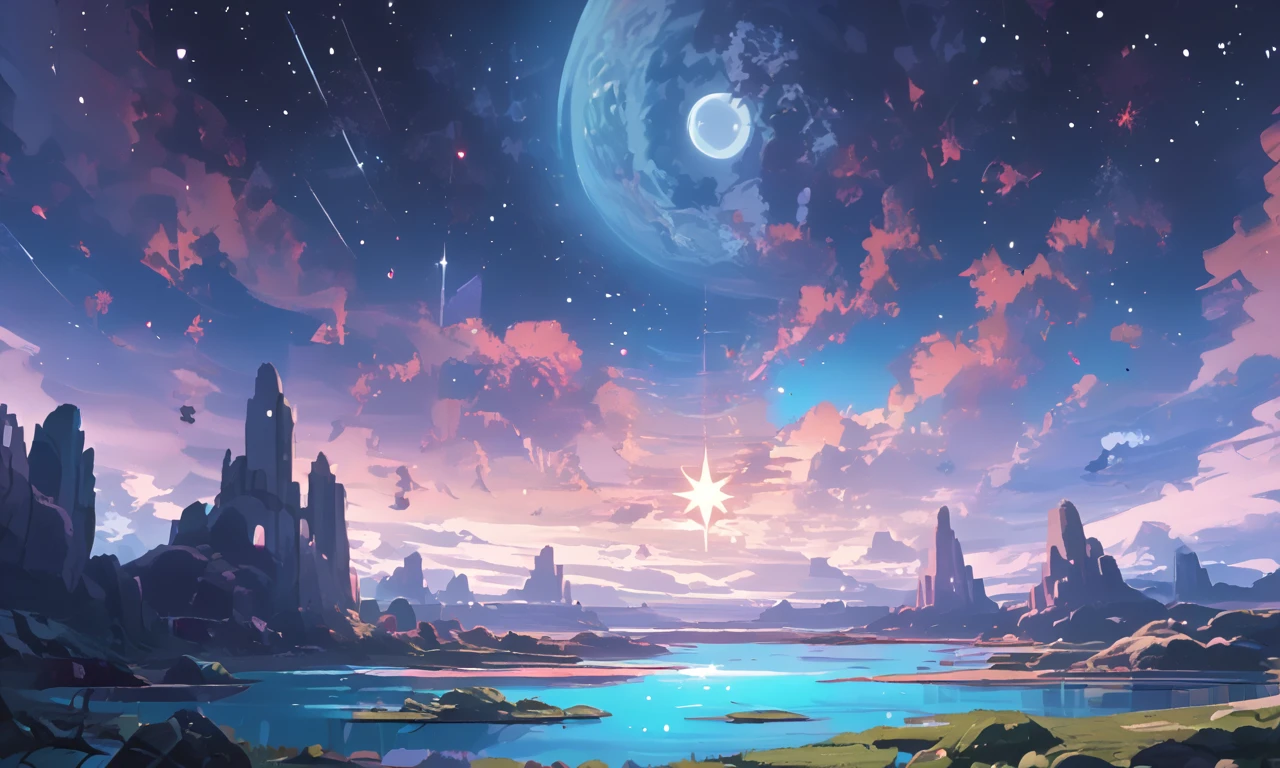 A misty lakeside at midnight, where the water reflects the moon and stars with supernatural clarity. Ethereal spirits dance across the lakeâs surface, leaving trails of shimmering light, while will-o'-the-wisps float nearby, guiding or misleading travelers. <lora:Space_Operetta_Neo_-_Pony_Edition-000007:1>