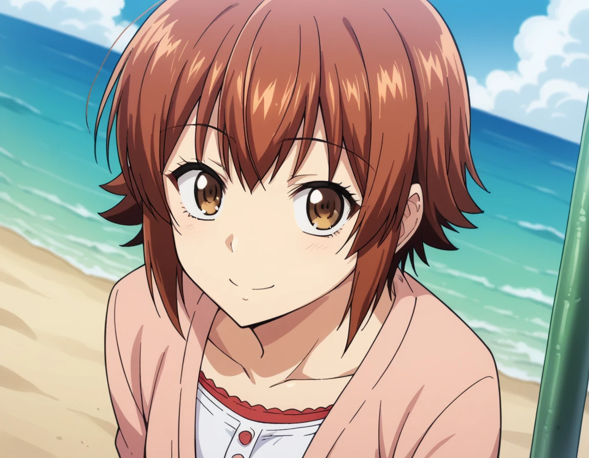 score_9, score_8_up, score_7_up, source_anime,
chisakotegawa,  <lora:chisa-kotegawa-s1-ponyxl-lora-nochekaiser:1>,
chisa kotegawa, short hair, bangs, brown hair, brown eyes,
shirt, long sleeves, collarbone, white shirt, open clothes, cardigan, open cardigan,
outdoors, beach, bent over, smile,
looking at viewer, dutch angle, cowboy shot, solo,