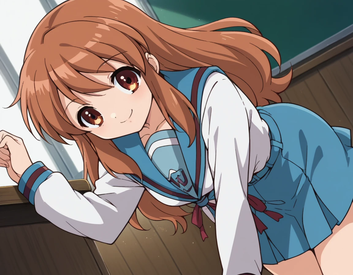 score_9, score_8_up, score_7_up, source_anime,
mikuruasahina,  <lora:mikuru-asahina-s1-ponyxl-lora-nochekaiser:1>,
mikuru asahina, long hair, brown hair, brown eyes,
skirt, long sleeves, school uniform, serafuku, sailor collar, blue skirt, blue sailor collar, winter uniform, kita high school uniform,
indoors, classroom, bent over, smile,
looking at viewer, dutch angle, cowboy shot, solo,