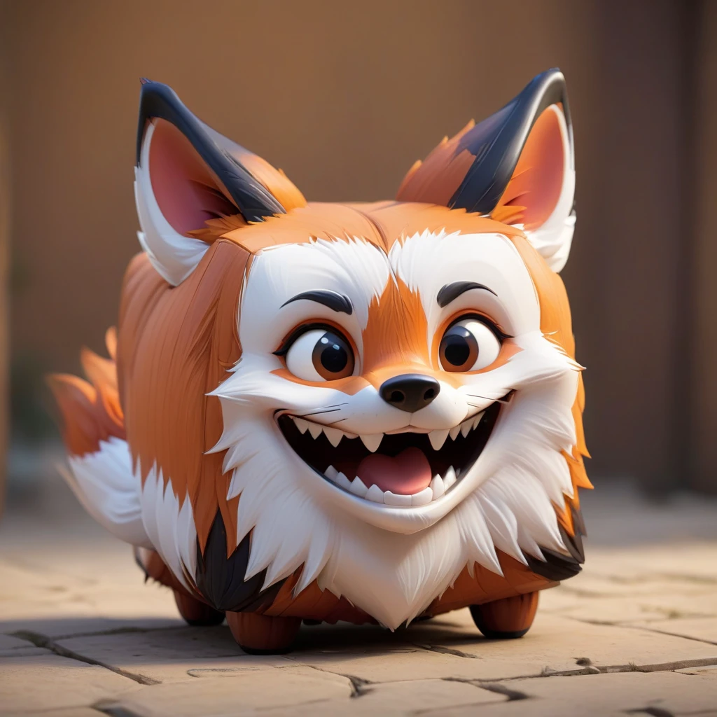 cube-shaped fox, Disney render, detailed stylized 3d, unreal engine game, happy, cute, smiling, friendly, open mouth, game world, blurry background, (teeth:0.4),