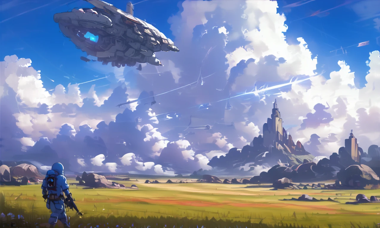 holding his wand, rocks, hood, a man walking through a field, blue jumpsuit, facing away, huge spacecraft, a person standing near the base of a mountain, cloud, cables, link, indoors, holding gun <lora:Space_Operetta_Neo_-_Pony_Edition-000007:1>